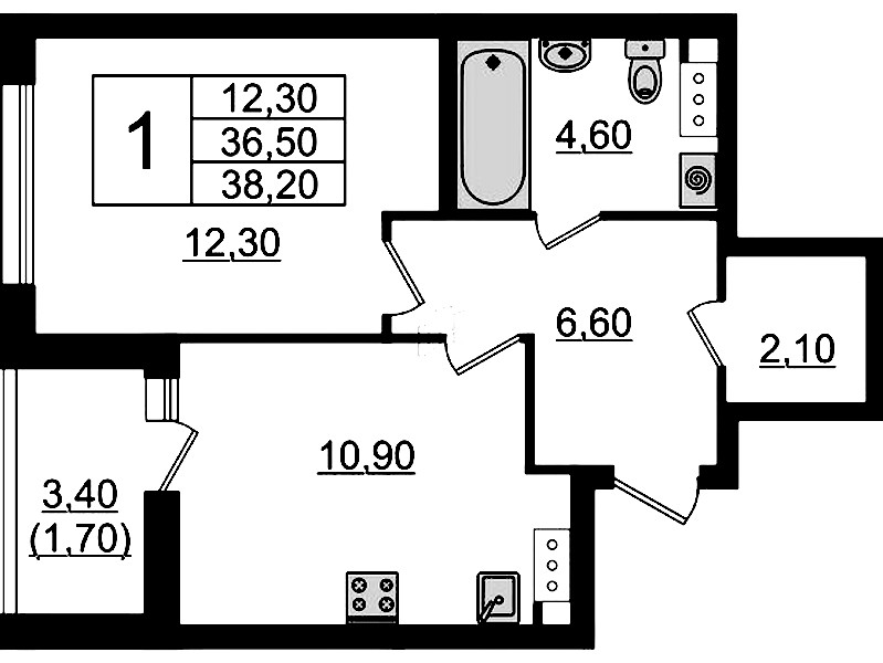 1-комнатная квартира 38.2 м², 4/9 эт., ЖК «А101 Лаголово»